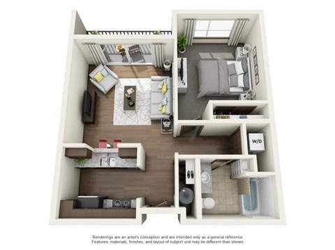 Floor plan for 1 bed, 1 bath, 655 sqft